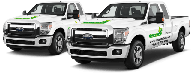 Garcia's Landscape Maintenance, LLC Company trucks with logo signs on the hood and side doors 100% Satisfaction Guaranteed seal Landscape maintenance, lawn care, shrubs trimming, hedges, pavers installation, yard clean up